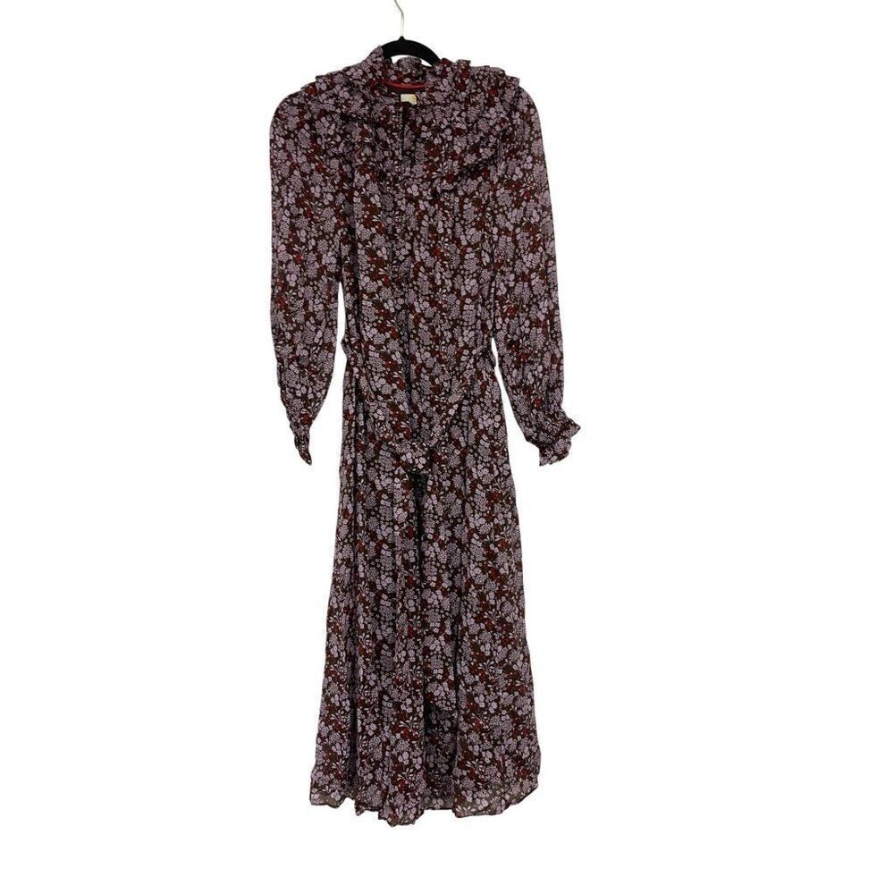 Boden Womens Midi Dress UK 8R US 4R Brown Purple Floral Ruffle Yoke D0307 NWT - Picture 2 of 10